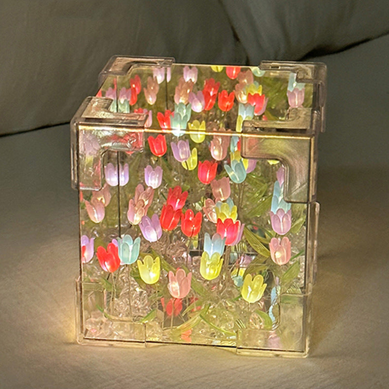 DIY Tulip Flower LED Cube Night Light – Creative Mirror Light Kit (10×10cm)