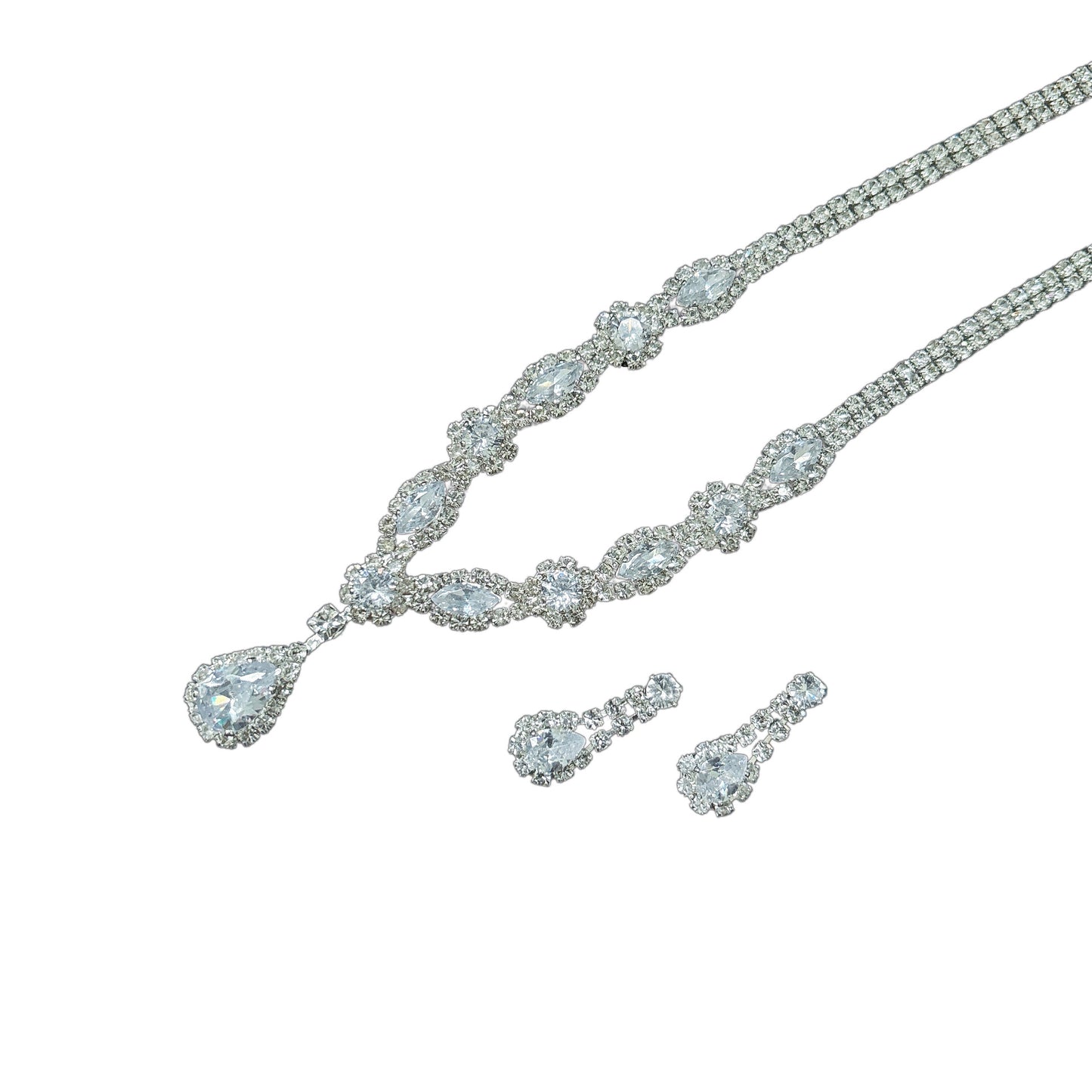 Elegant Silver Crystal Drop Necklace & Earrings Set