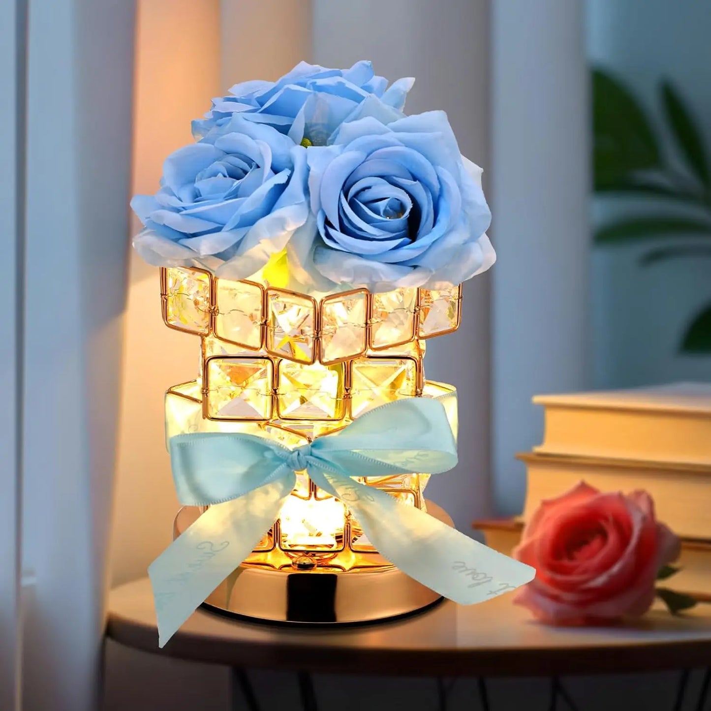 LED Crystal Rose Table Lamp 3 Colors Dimmable Magic Cube Rose Creative Atmosphere Lights Bedroom Bedside Decor Lighting Gift 