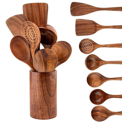 Wooden Kitchen Utensil Set with Holder | Eco Friendly Cooking Spoons & Spatulas