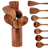 Wooden Kitchen Utensil Set with Holder | Eco Friendly Cooking Spoons & Spatulas