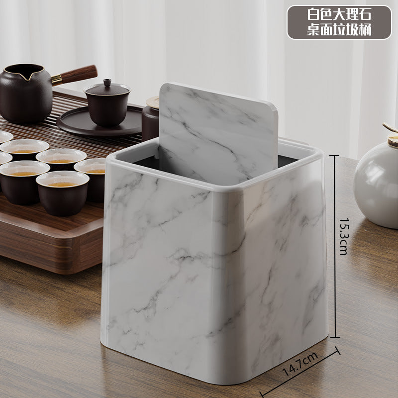 Mini Desktop Swing Lid Trash Can ? Wood Grain & Marble Finish | 15.3cm