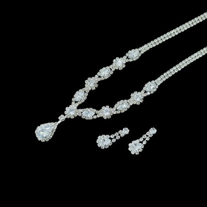 Elegant Silver Crystal Drop Necklace & Earrings Set