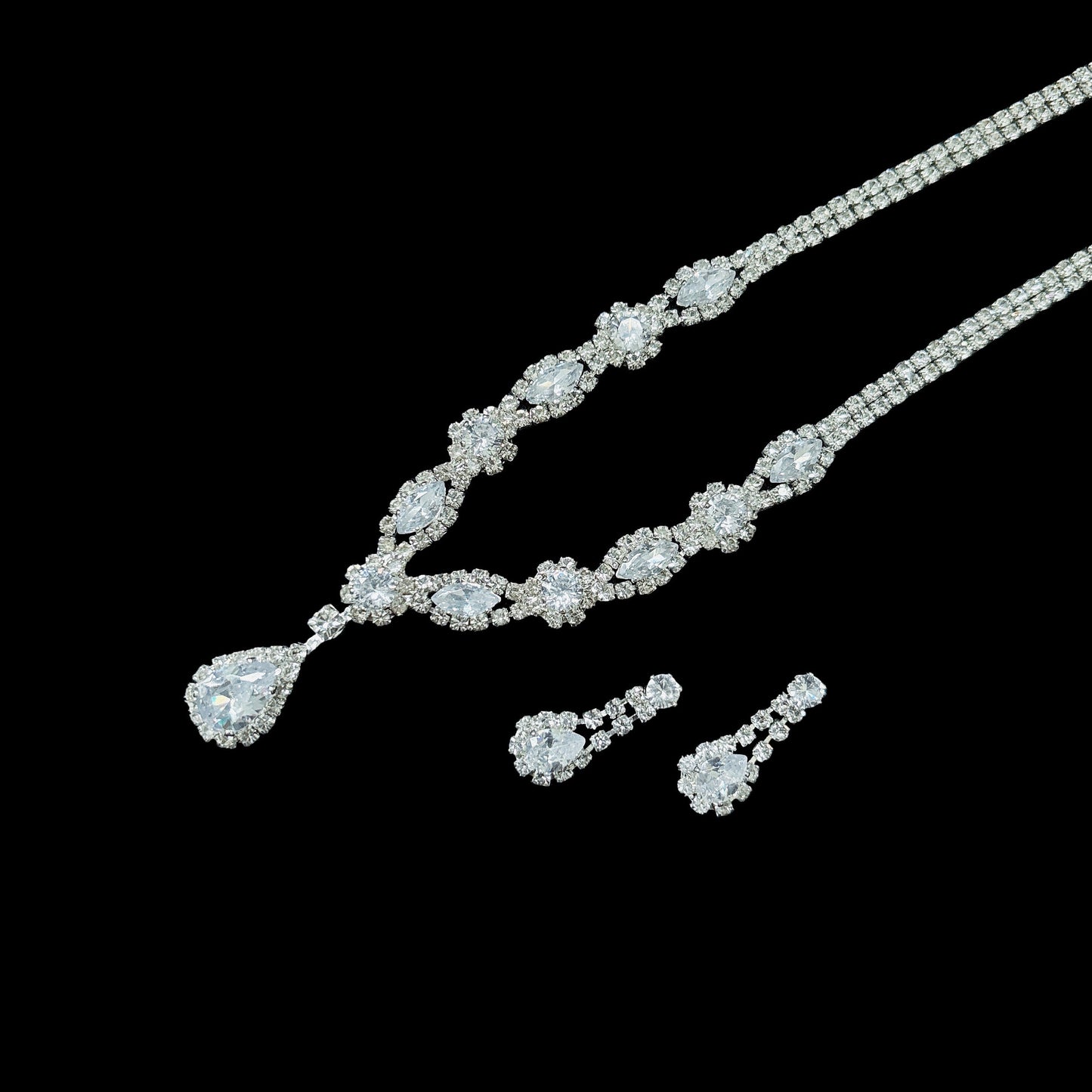 Elegant Silver Crystal Drop Necklace & Earrings Set