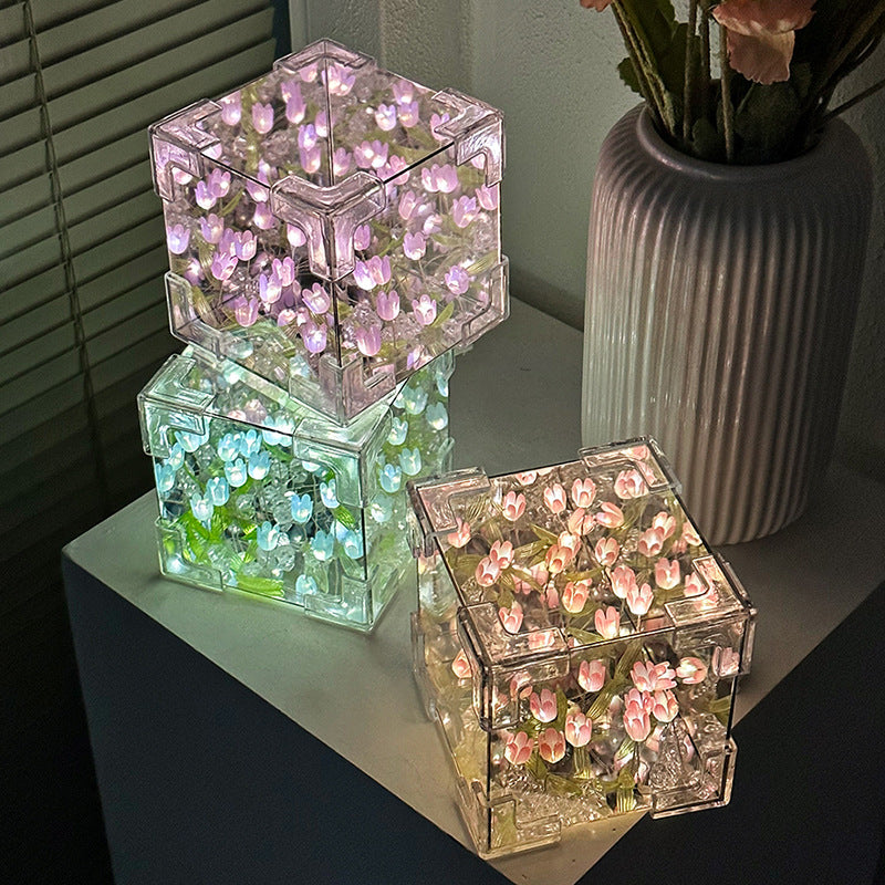 DIY Tulip Flower LED Cube Night Light – Creative Mirror Light Kit (10×10cm)