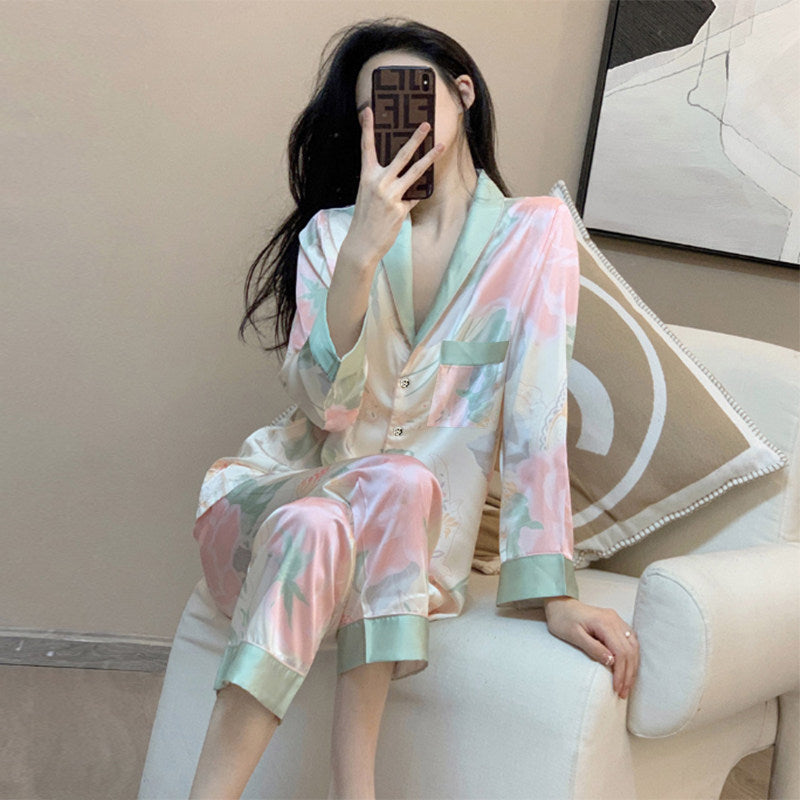 Women’s Floral Silk Pyjama Set – Long Sleeve Button-Up Luxury Sleepwear