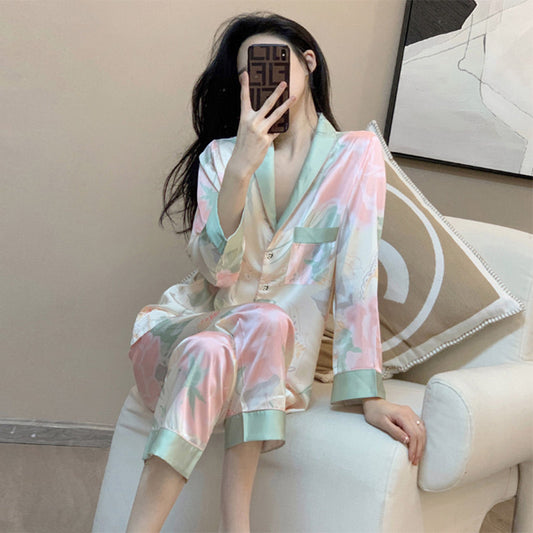 Women’s Floral Silk Pyjama Set – Long Sleeve Button-Up Luxury Sleepwear