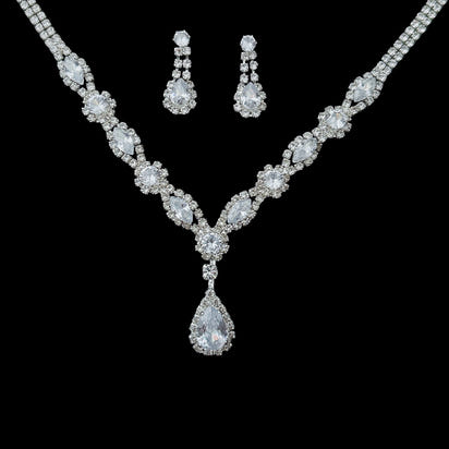 Elegant Silver Crystal Drop Necklace & Earrings Set