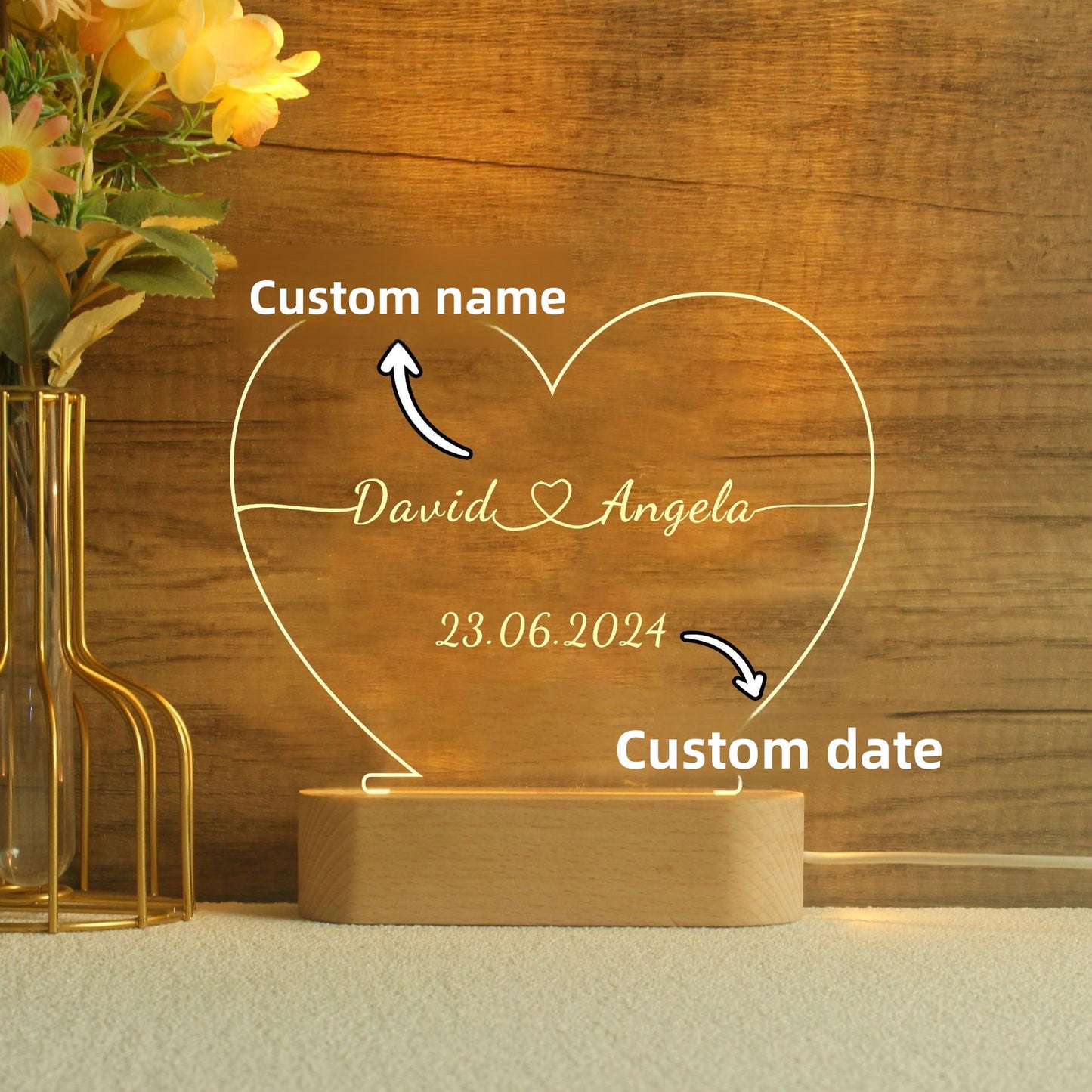 Personalised LED Night Light - Custom Name & Date Heart Lamp | Romantic Gift for Couples