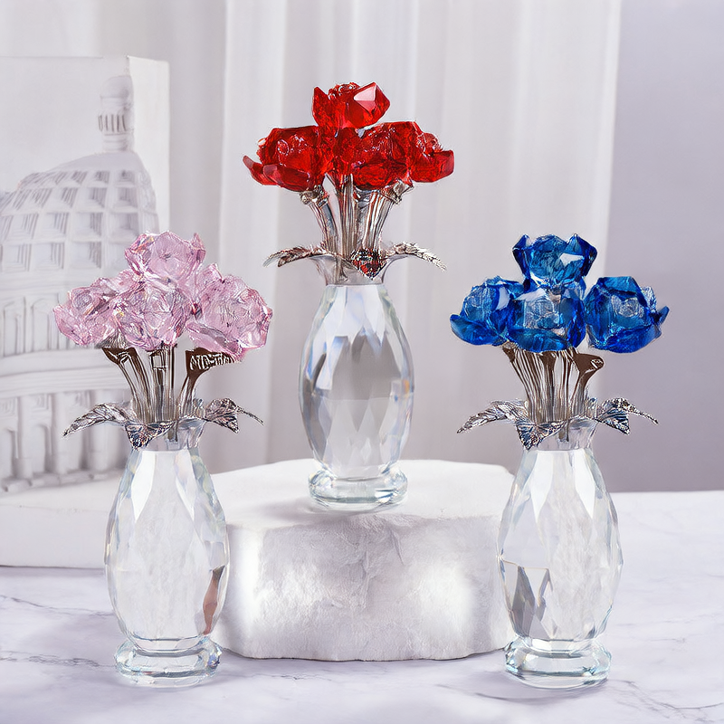 Large Crystal Flower Ornament Glass Rose Decoration Home Gift Red Pink Blue