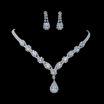 Elegant Silver Crystal Drop Necklace & Earrings Set