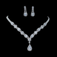 Elegant Silver Crystal Drop Necklace & Earrings Set