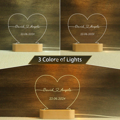 Personalised LED Night Light - Custom Name & Date Heart Lamp | Romantic Gift for Couples