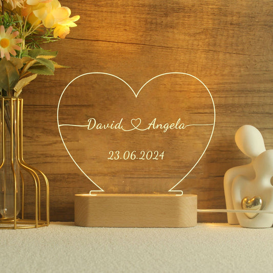 Personalised LED Night Light - Custom Name & Date Heart Lamp | Romantic Gift for Couples