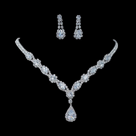 Elegant Silver Crystal Drop Necklace & Earrings Set
