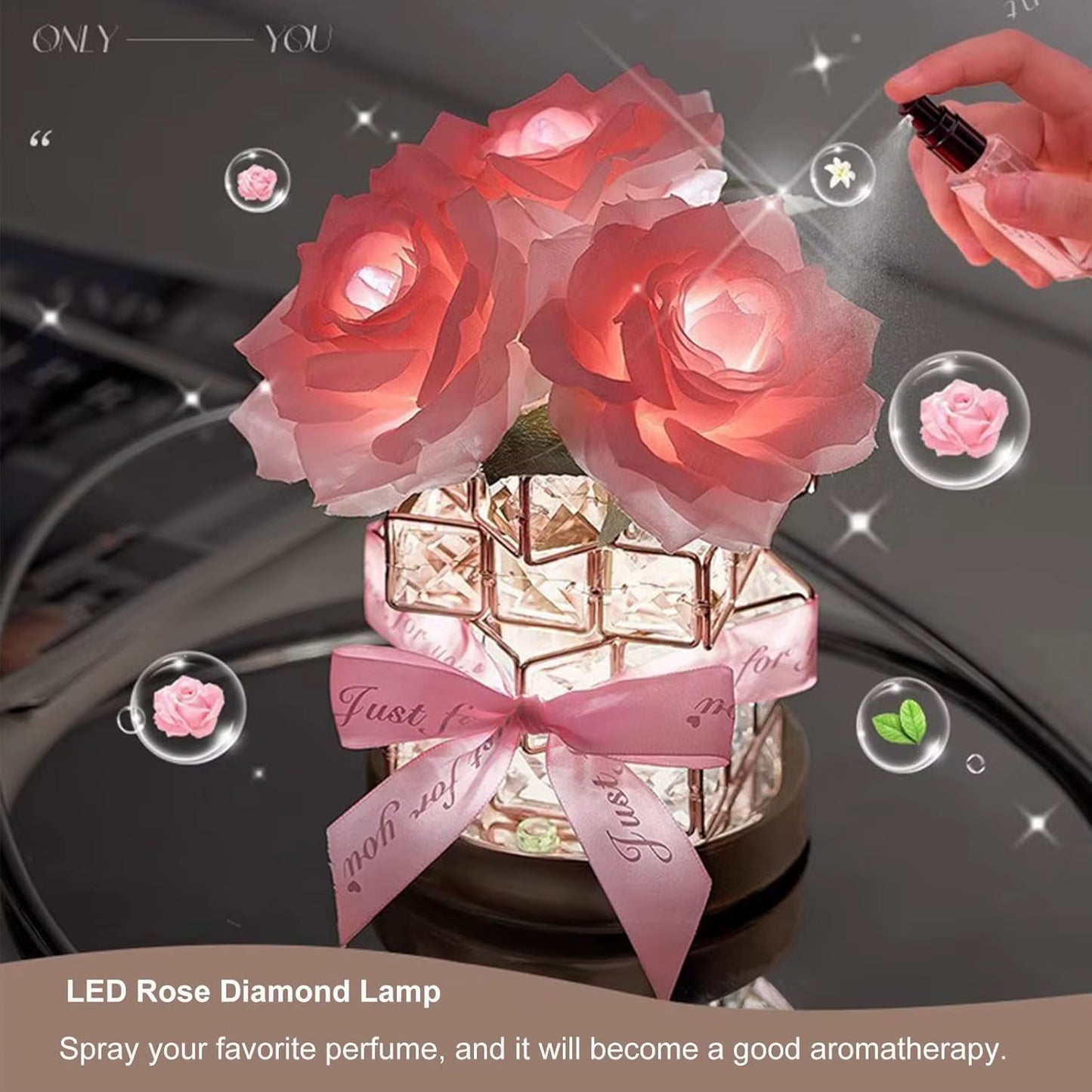 LED Crystal Rose Lamp 3-Colour Dimmable Gift Light Luxury Home Décor Table image 3