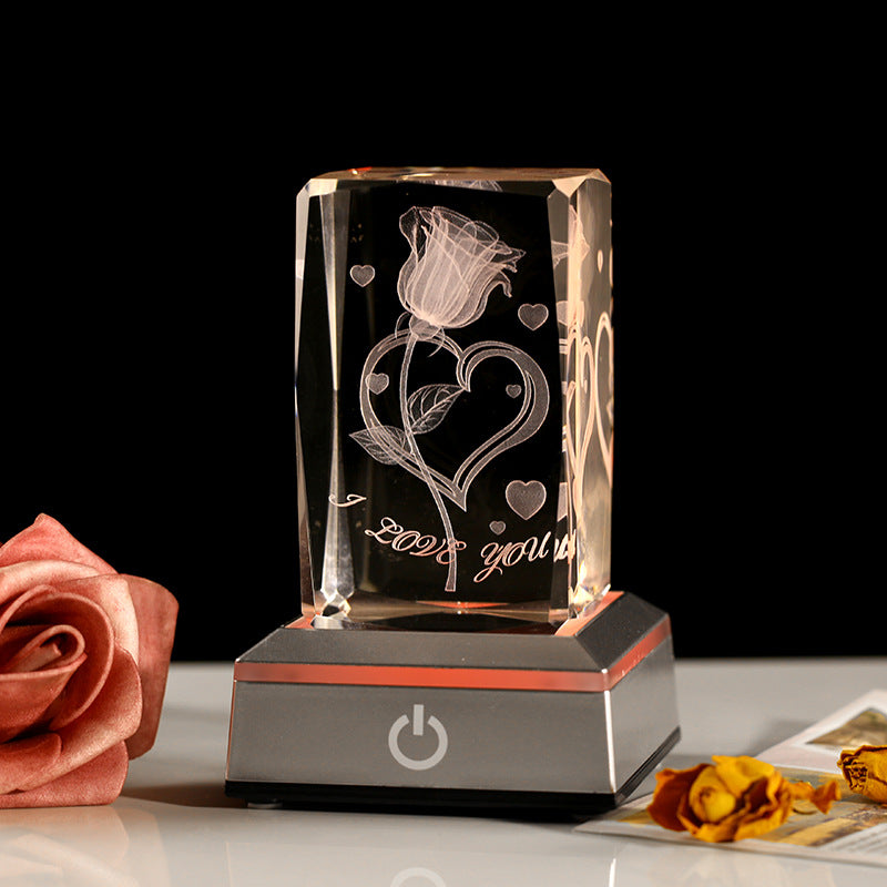LED Crystal Rose Night Light - 3D Engraved Glass Ornament Gift