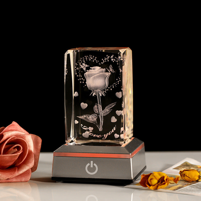LED Crystal Rose Night Light - 3D Engraved Glass Ornament Gift