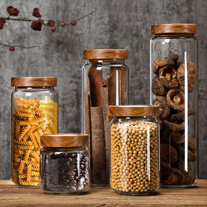 Minimal Glass Storage Jars with Acacia Wood Lid