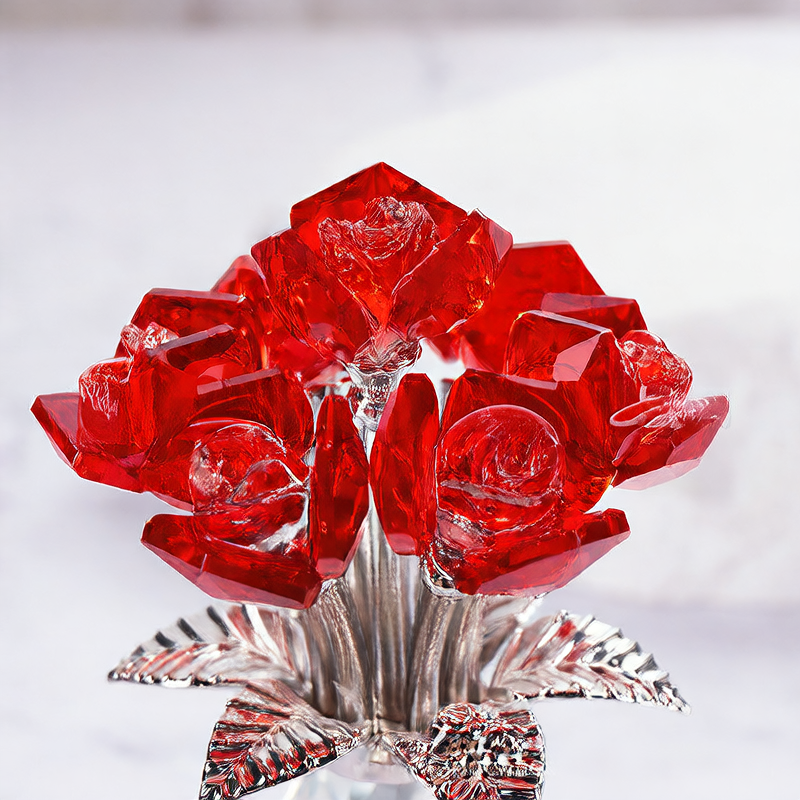 Large Crystal Flower Ornament Glass Rose Decoration Home Gift Red Pink Blue