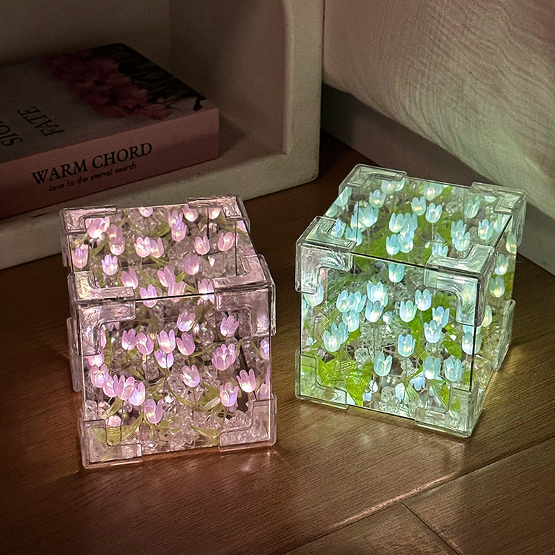 DIY Tulip Flower LED Cube Night Light – Creative Mirror Light Kit (10×10cm)