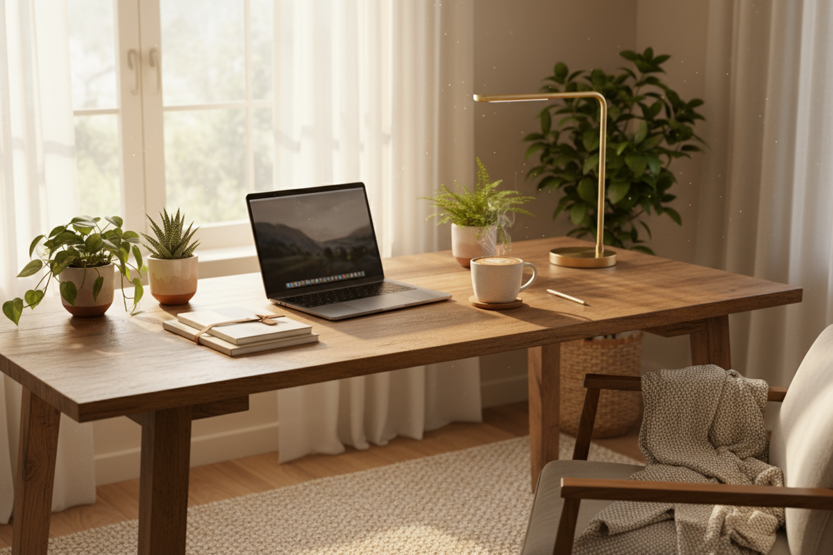 aesthetic home workspace warm light