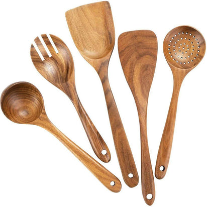 Wooden Kitchen Utensil Set with Holder | Eco Friendly Cooking Spoons & Spatulas