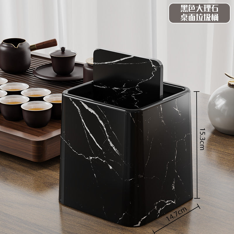 Mini Desktop Swing Lid Trash Can ? Wood Grain & Marble Finish | 15.3cm