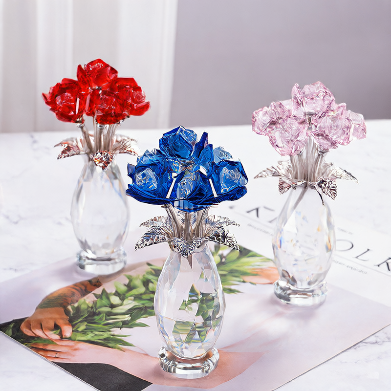 Large Crystal Flower Ornament Glass Rose Decoration Home Gift Red Pink Blue