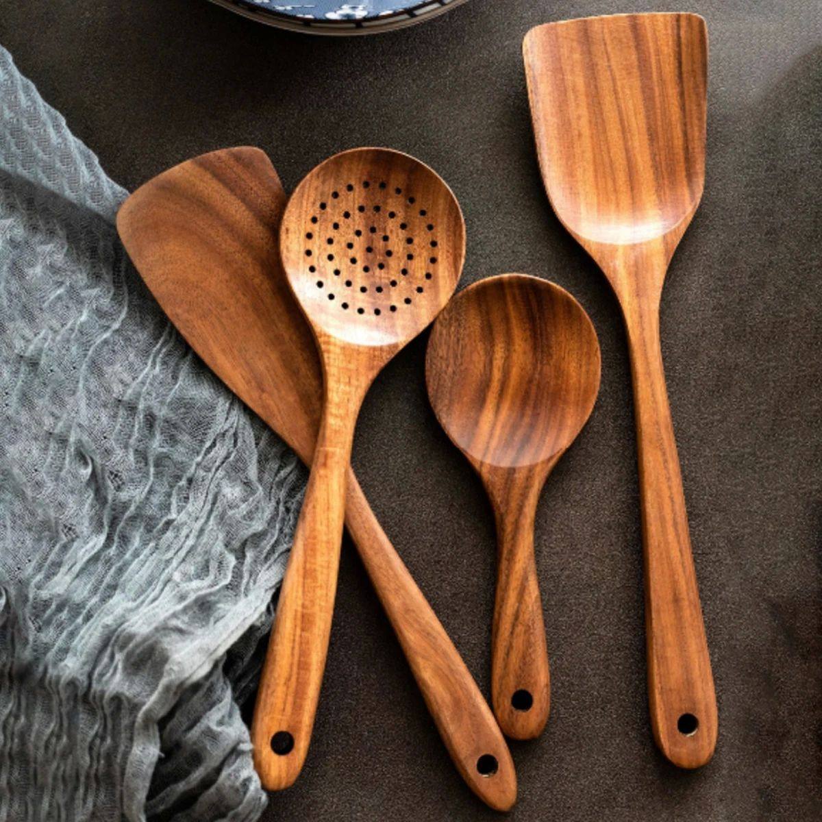 Wooden Kitchen Utensil Set with Holder | Eco Friendly Cooking Spoons & Spatulas