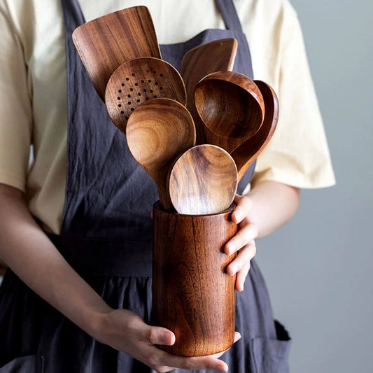 Wooden Kitchen Utensil Set with Holder | Eco Friendly Cooking Spoons & Spatulas