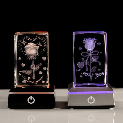 LED Crystal Rose Night Light - 3D Engraved Glass Ornament Gift