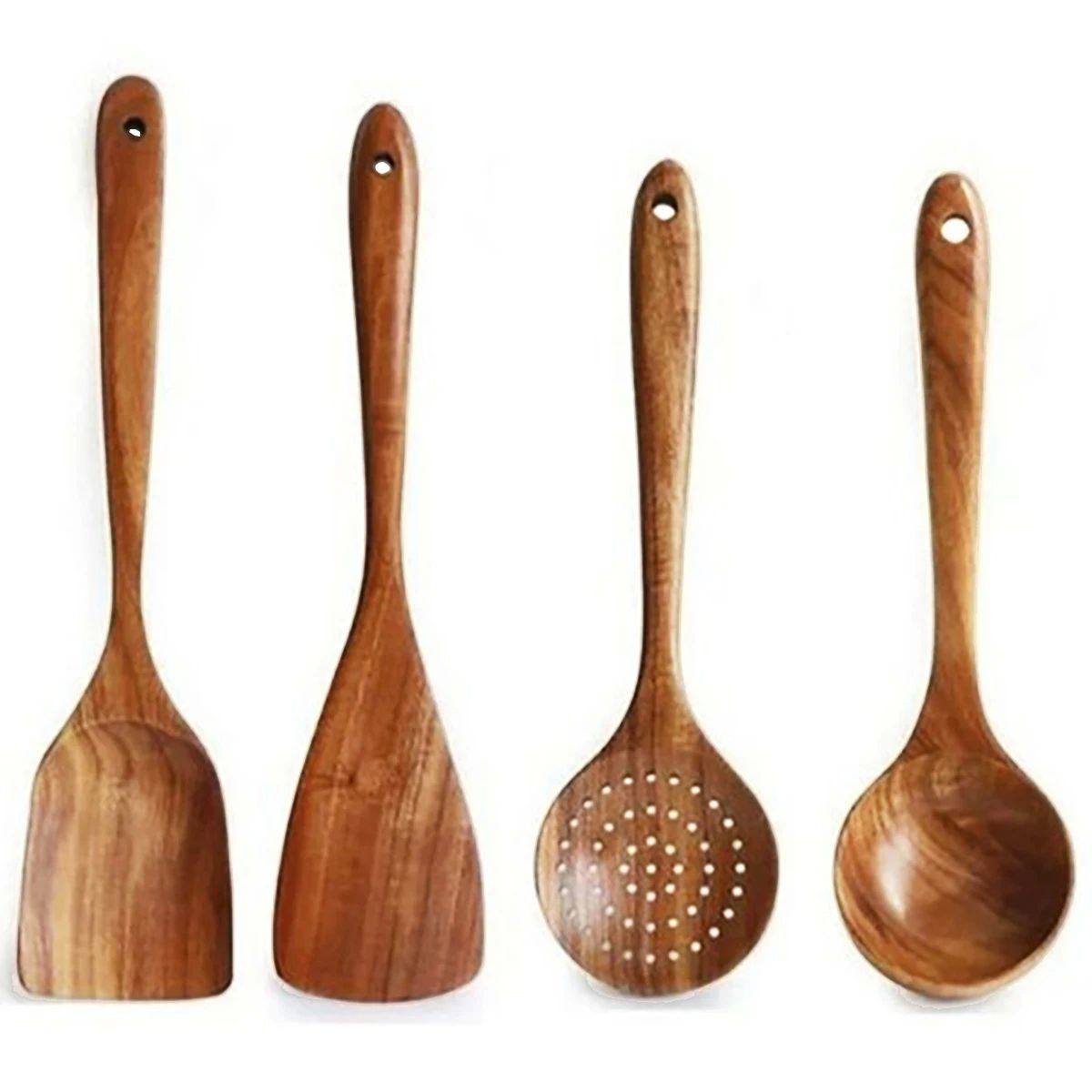 Wooden Kitchen Utensil Set with Holder | Eco Friendly Cooking Spoons & Spatulas