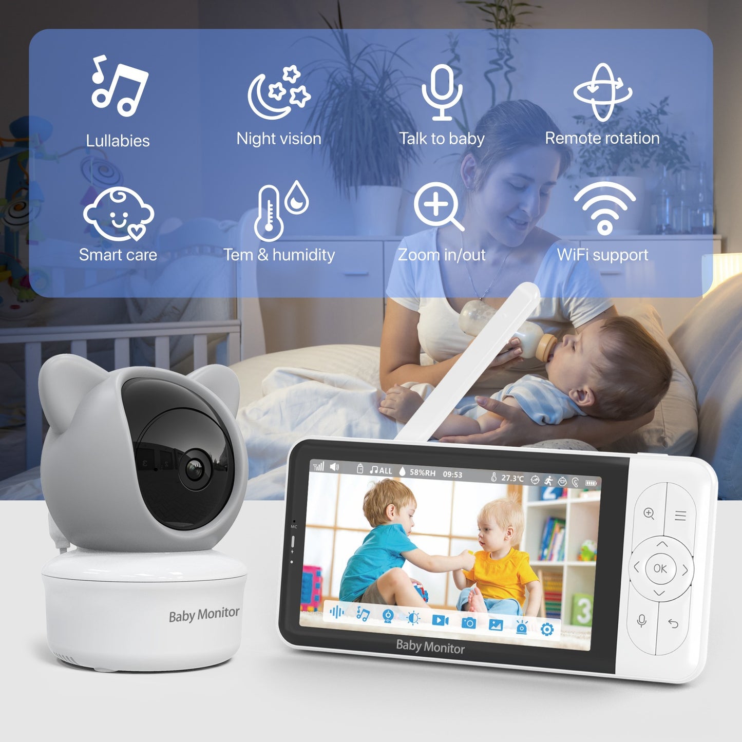 Baby Monitor with Camera 5? Screen Night Vision Pan Tilt Two-Way Audio