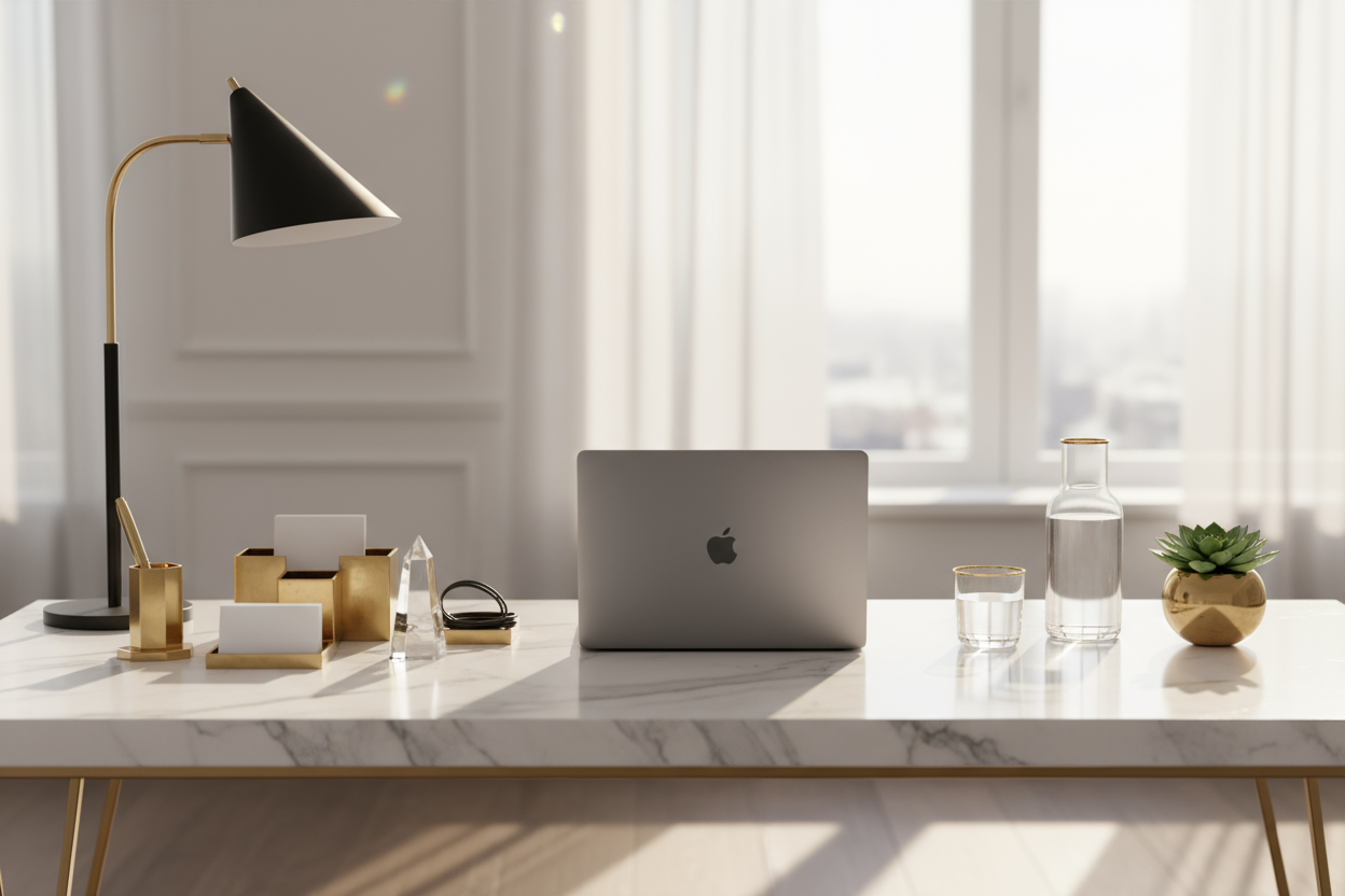 Luxury aesthetic desk setup” — minimalist gold accessories, light reflections.